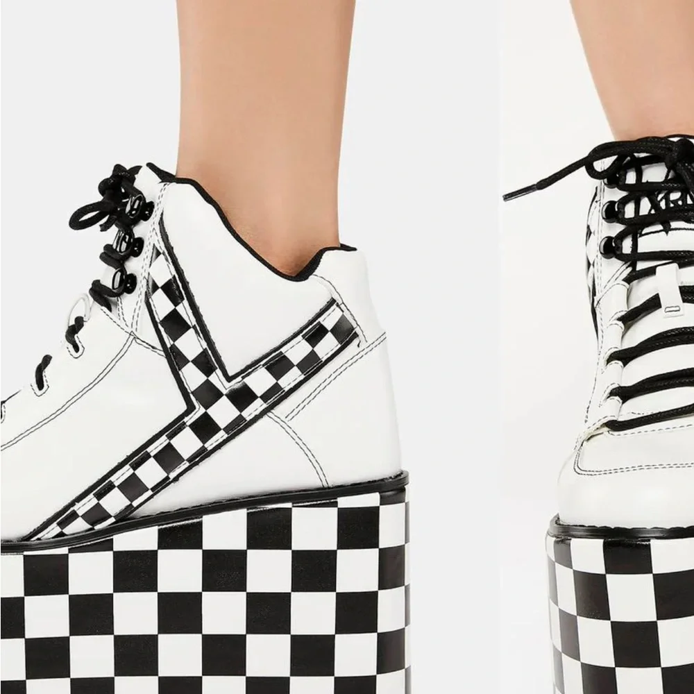 YRU Qozmo Checker Platform Sneakers in black and white vegan leather 8